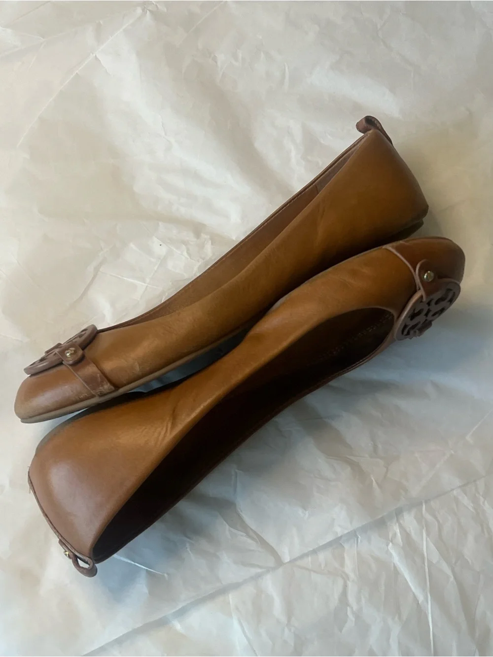 Tory Burch Tan Leather Logo Ballet Flats